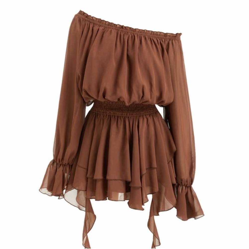 Cider OFF-SHOULDER LANTERN SLEEVE ASYMMETRICAL RUFFLE HEM MINI DRESS XS - Picture 1 of 7